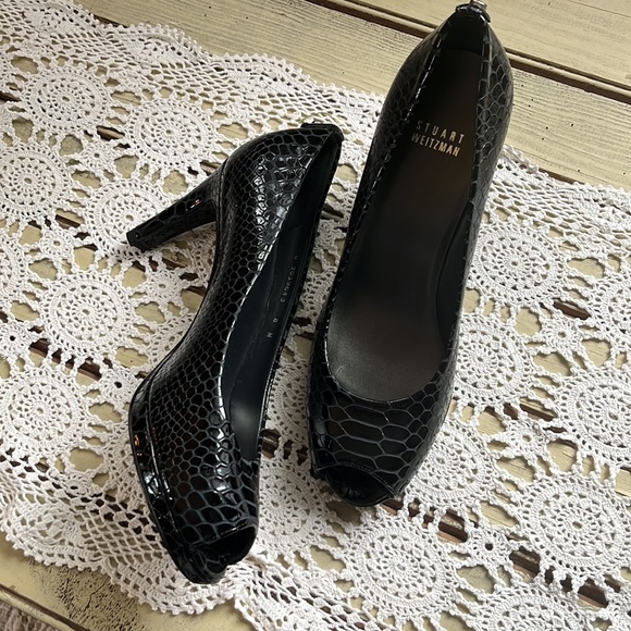 STUART WEITZMAN || Snakeskin Logaplainfie black leather sole open toe sexy heels - Picture 2 of 7